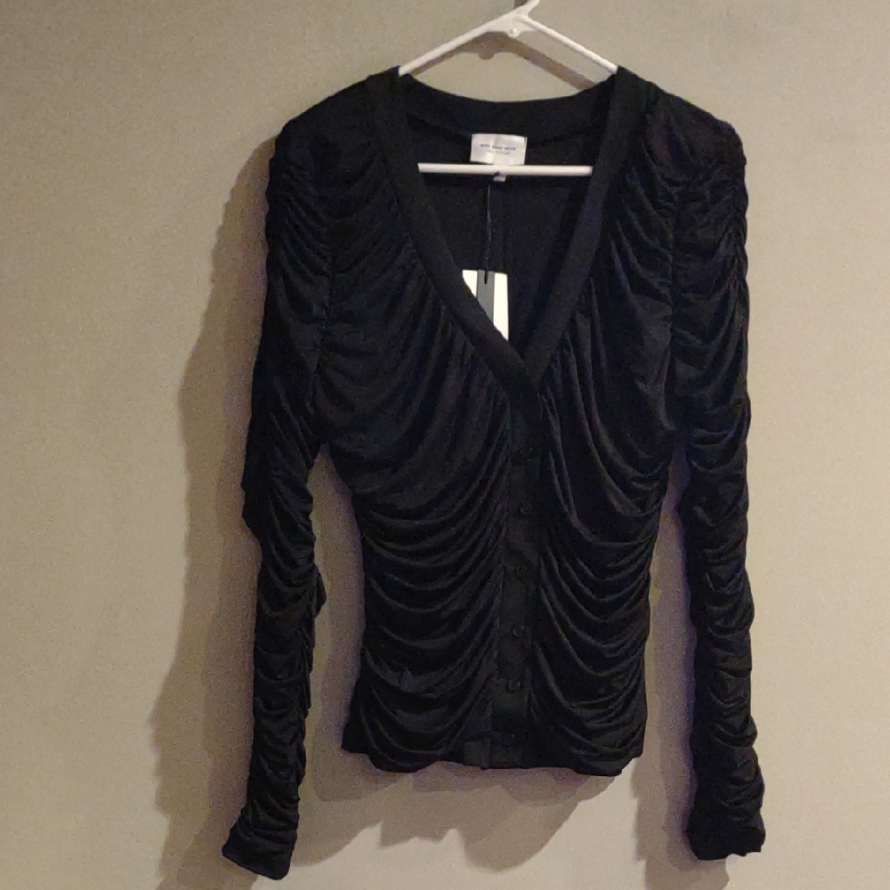 NWT Who‎ What Wear Women's Xlg Black Ruched Button Down Blouse